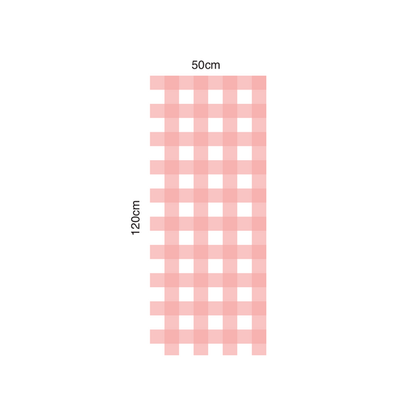 A pink and white gingham checkered fabric swatch with dimensions labeled as 50cm by 120cm on a plain white background.