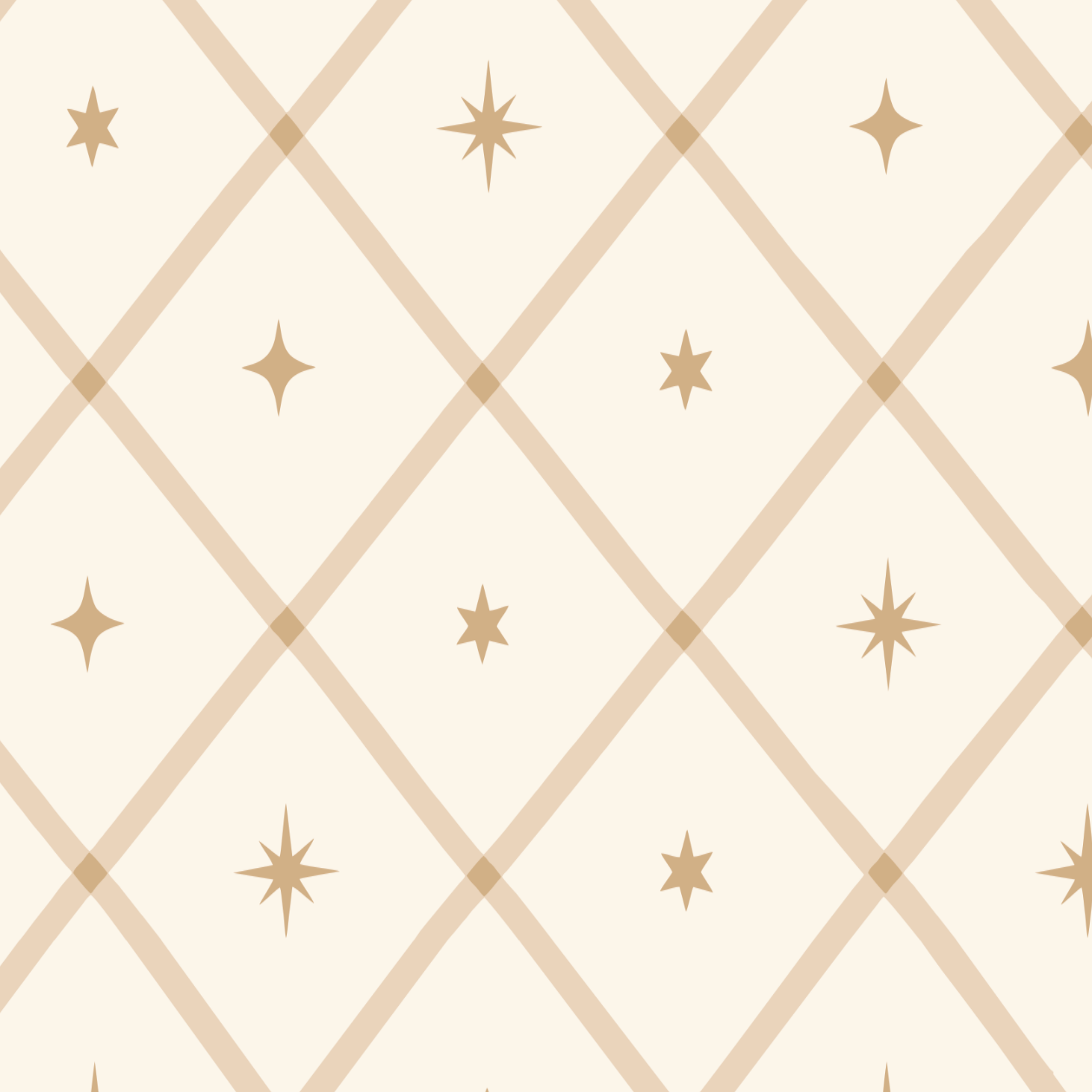 A repeating geometric pattern featuring tan diamond lattice lines and small tan four-pointed star motifs on a warm cream background.