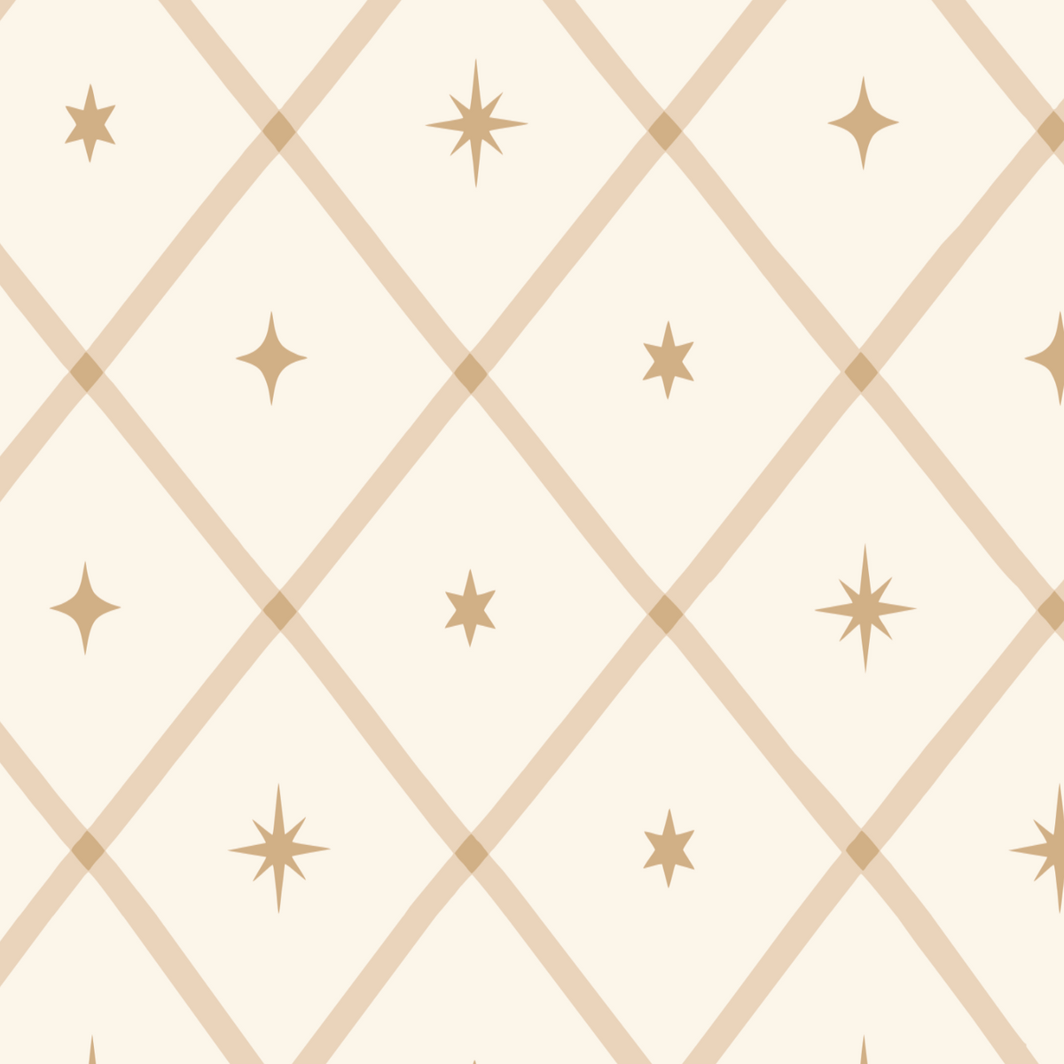 A repeating geometric pattern featuring tan diamond lattice lines and small tan four-pointed star motifs on a warm cream background.