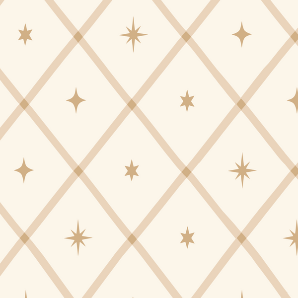 A repeating geometric pattern featuring tan diamond lattice lines and small tan four-pointed star motifs on a warm cream background.