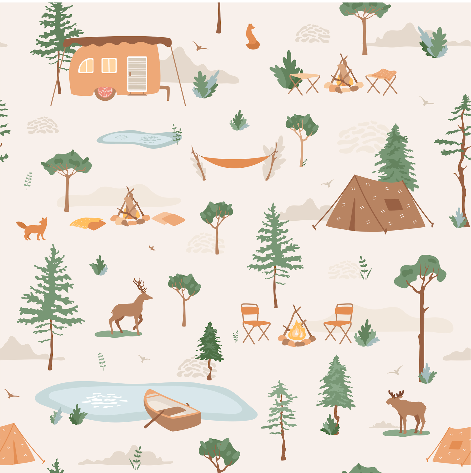 A repeating illustrated camping and forest pattern on a light warm beige background, featuring trees, cabins, tents, campfires, hammocks, a canoe, deer, moose, and small animals.