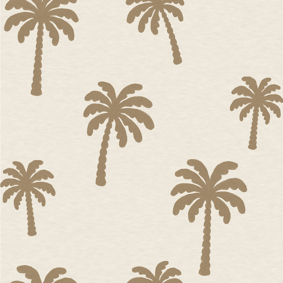 A repeating pattern of stylized palm tree silhouettes in a warm taupe-brown on an off-white background.