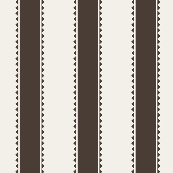 A repeating vertical stripe pattern with dark brown and off-white bands, bordered by small zigzag triangles.

