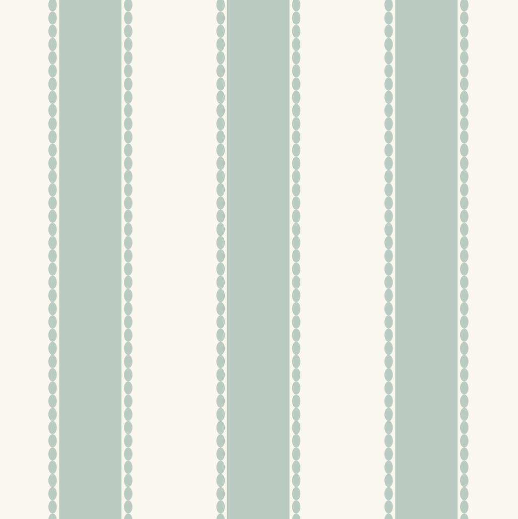 A repeating vertical stripe pattern with wide sage green stripes bordered by dotted lines and separated by narrow cream stripes.