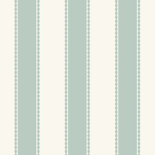 A repeating vertical stripe pattern with wide sage green stripes bordered by dotted lines and separated by narrow cream stripes.