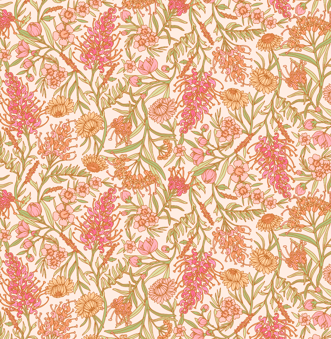 A seamless botanical pattern featuring pink, orange, and green flowers with brown outlines on a light peach background.
