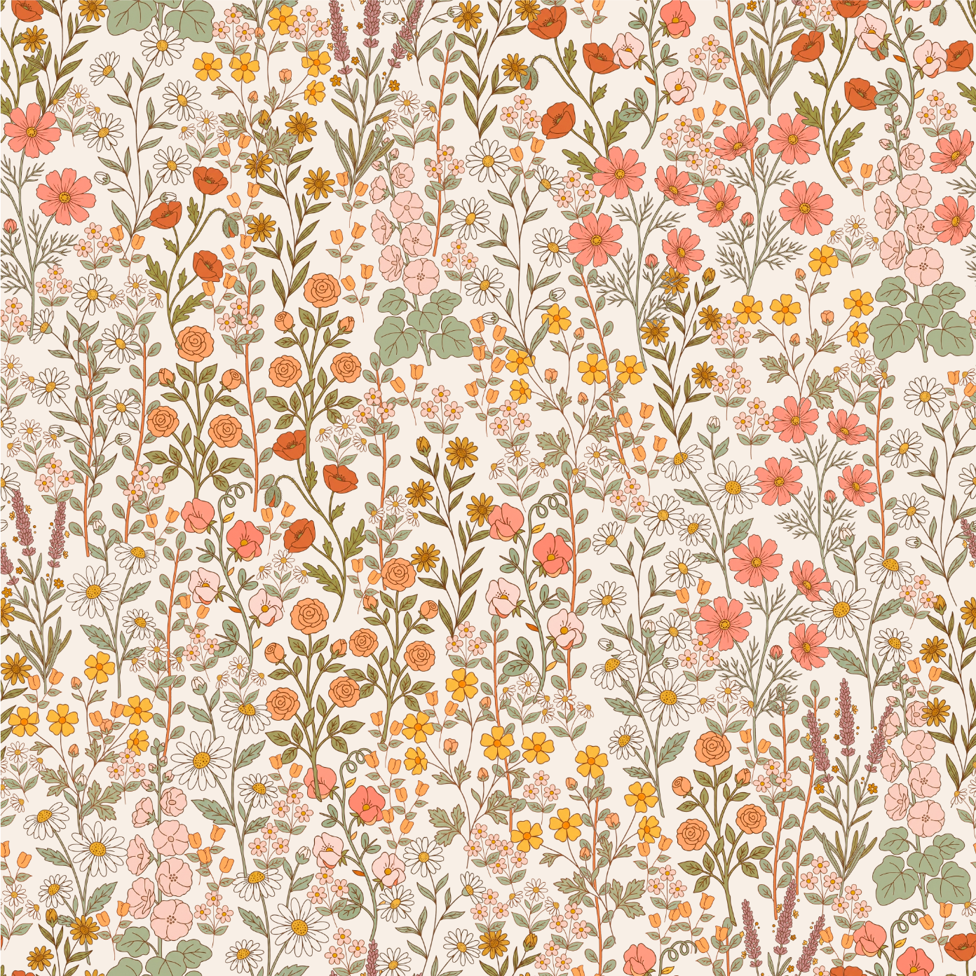 A seamless retro floral pattern featuring a dense arrangement of wildflowers in shades of orange, pink, yellow, and green on a warm cream background.
