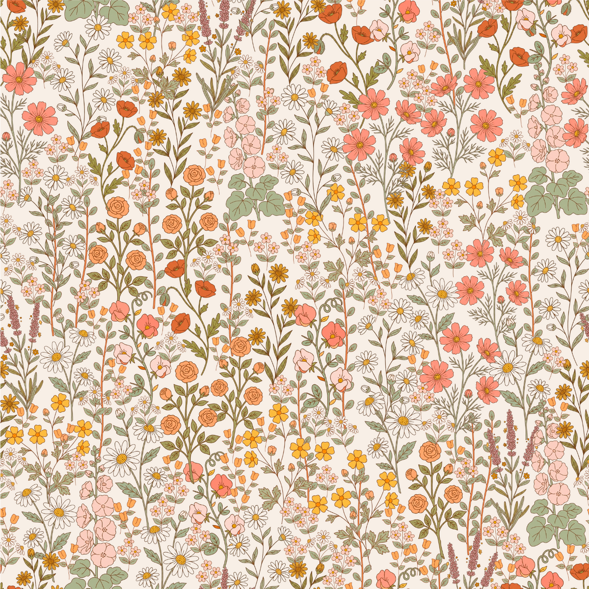 A seamless retro floral pattern featuring a dense arrangement of wildflowers in shades of orange, pink, yellow, and green on a warm cream background.