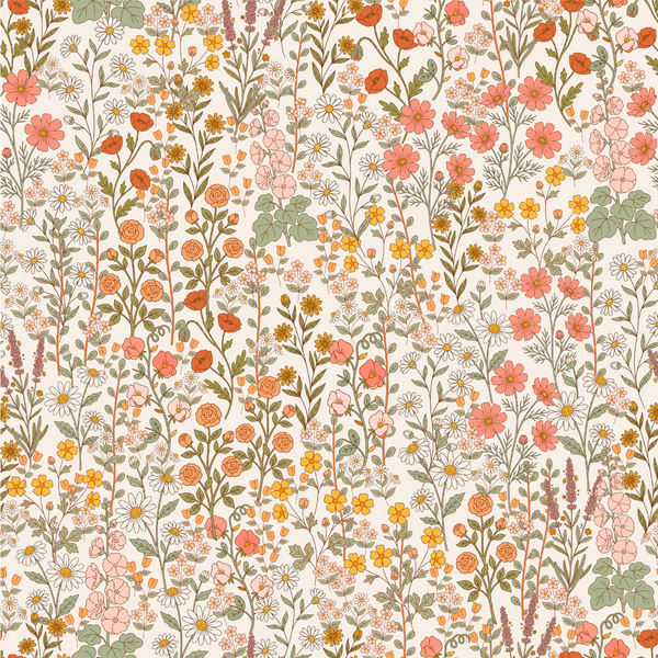 A seamless retro floral pattern featuring a dense arrangement of wildflowers in shades of orange, pink, yellow, and green on a warm cream background.