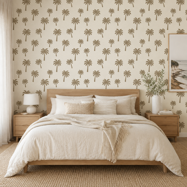 A styled bedroom featuring a bed dressed in cream bedding and a throw blanket, set against wallpaper with a repeating brown palm tree pattern. Two matching wood nightstands with lamps and a vase of greenery flank the bed.