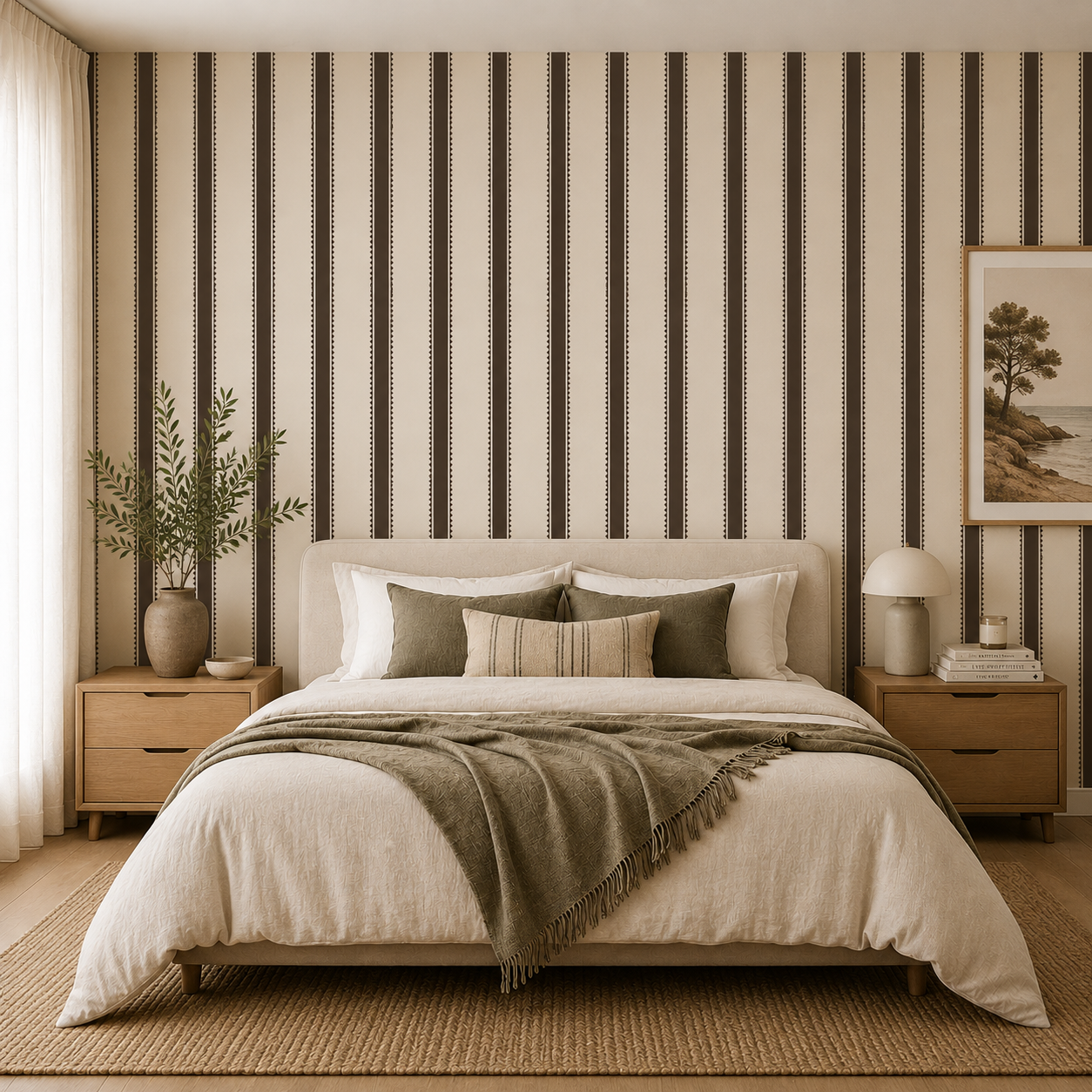 A styled bedroom featuring a bed with beige and olive bedding, flanked by matching wooden nightstands. The wall behind the bed is covered in vertical dark brown and beige striped wallpaper, and the room is completed with a woven rug, a potted plant, and a framed landscape print.