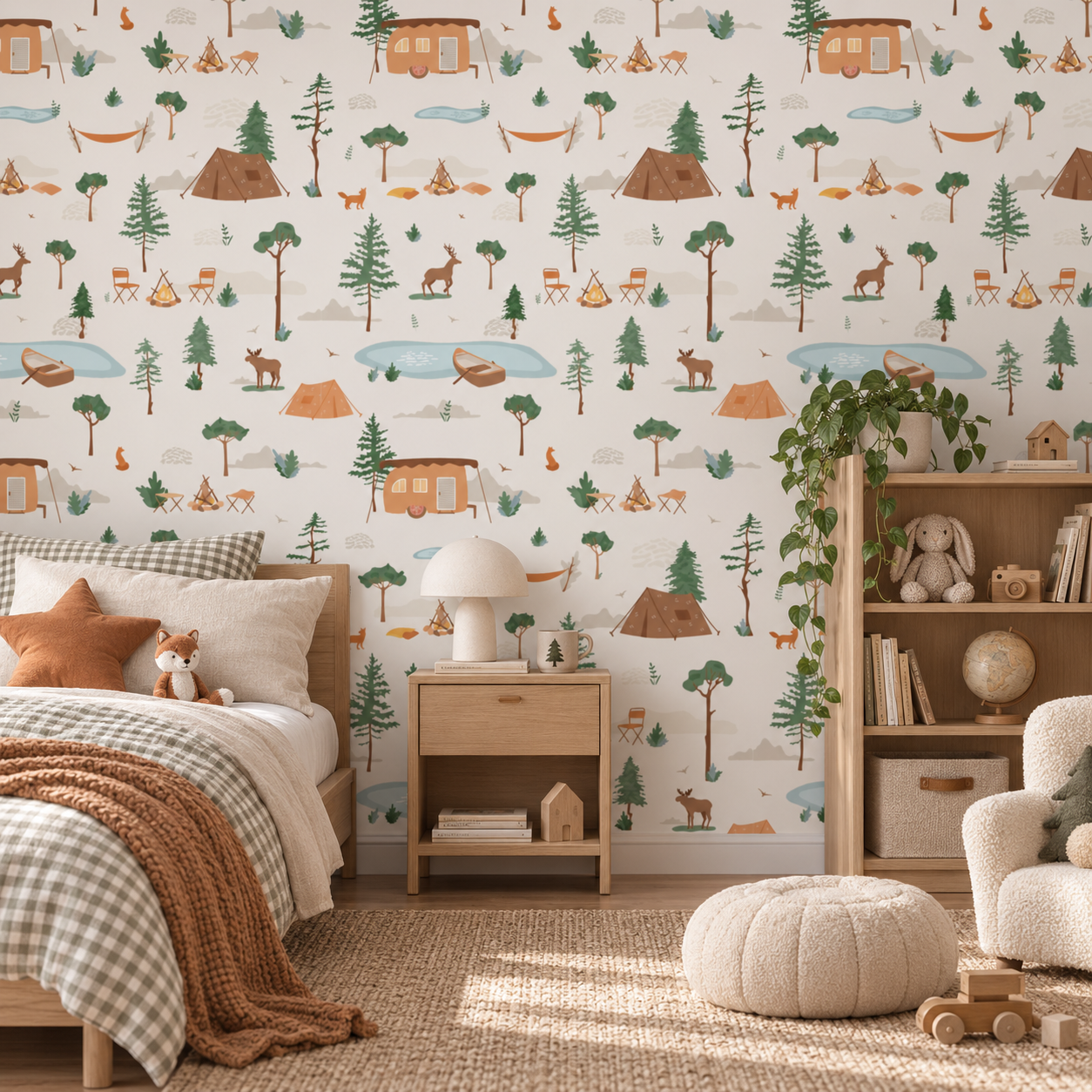 A styled children's bedroom featuring a wall covered in whimsical camping-themed wallpaper with a repeating pattern of trees, cabins, tents, campfires, and animals on a cream background. The room includes a bed with neutral-toned bedding, a wooden nightstand with a white lamp, a plush pouf, a bookshelf, and a chair.