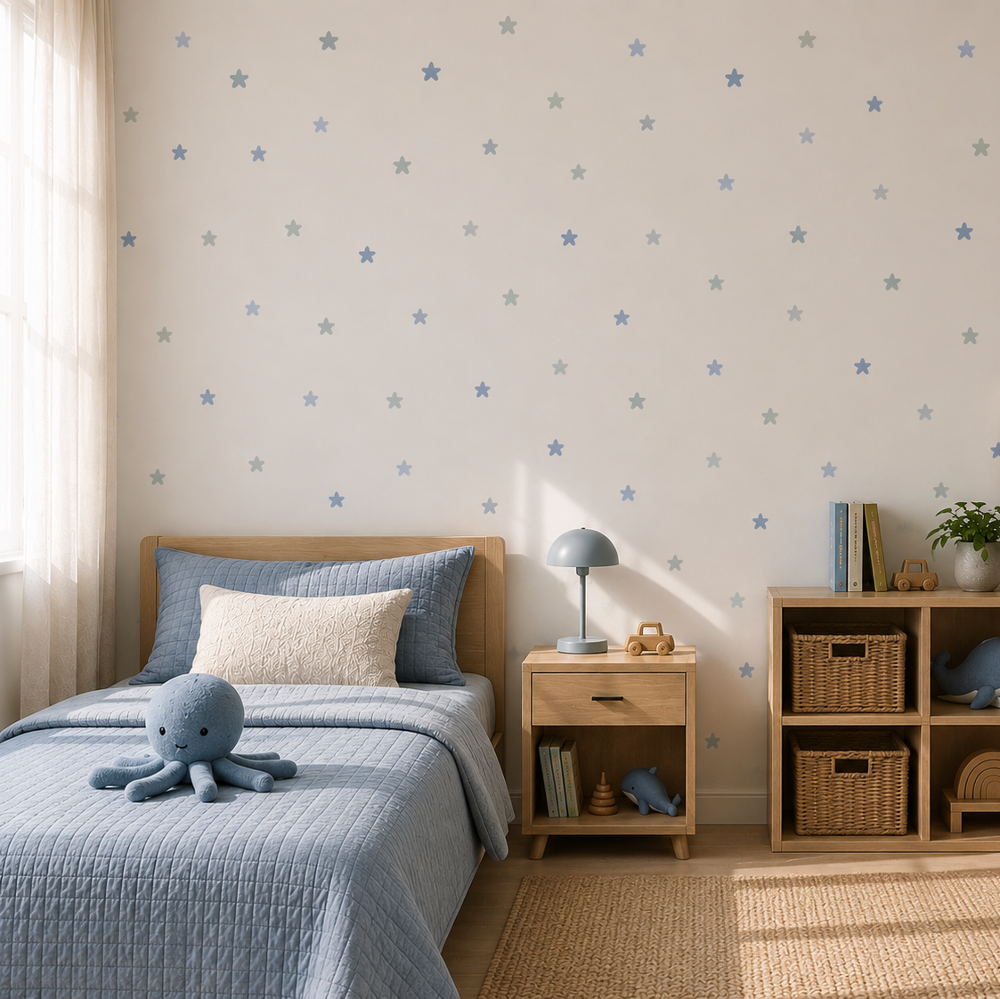 A styled children's bedroom featuring light blue star-patterned wallpaper on an off-white wall, a single bed with blue bedding, a wooden nightstand, and a wooden storage shelf with baskets and toys.