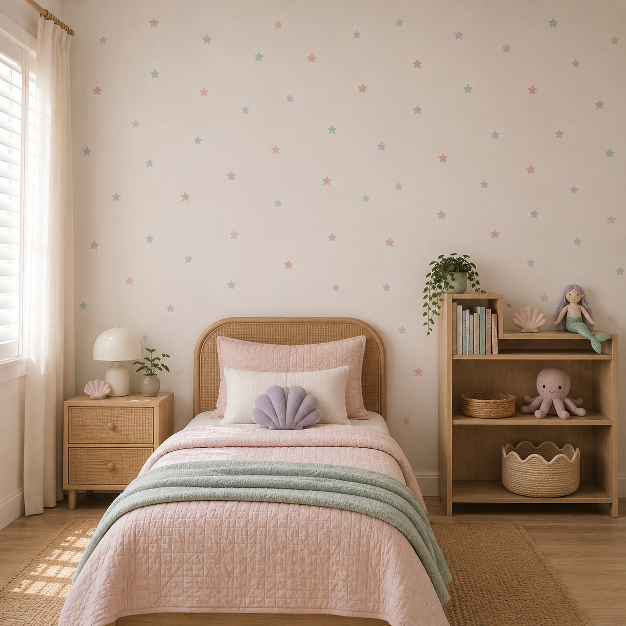 A styled children's bedroom featuring pastel-colored star-patterned wallpaper, a single bed with pink bedding and a purple seashell pillow, a wooden nightstand, and a wooden bookshelf.
