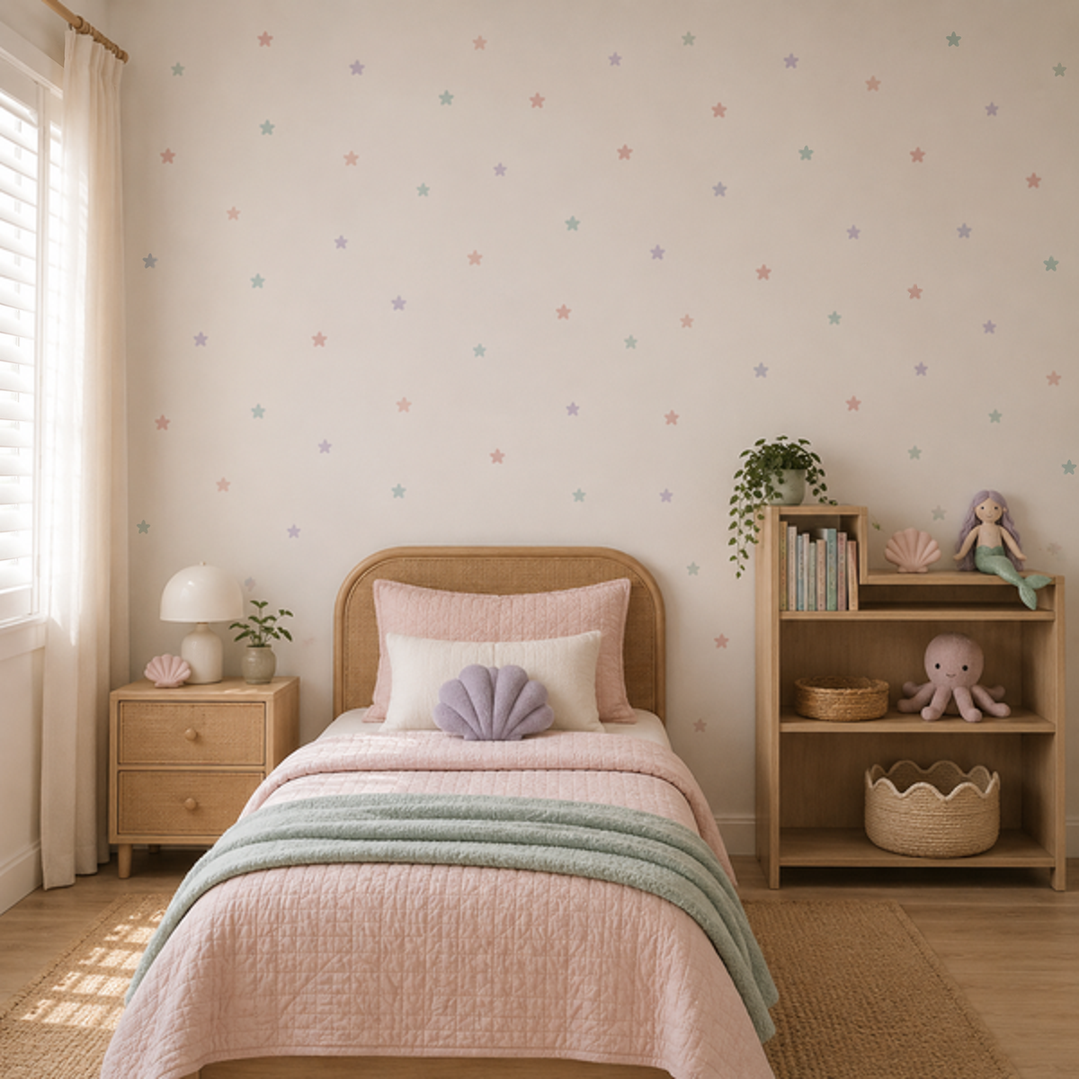 A styled children's bedroom featuring pastel-colored star-patterned wallpaper, a single bed with pink bedding and a purple seashell pillow, a wooden nightstand, and a wooden bookshelf.