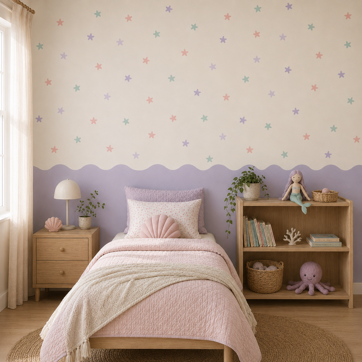 A styled children's bedroom featuring pastel star decals on the upper wall and a lavender wave stripe below it. The room includes a wooden bed with pink bedding, a matching nightstand, a bookshelf with toys, and a window with sheer curtains.