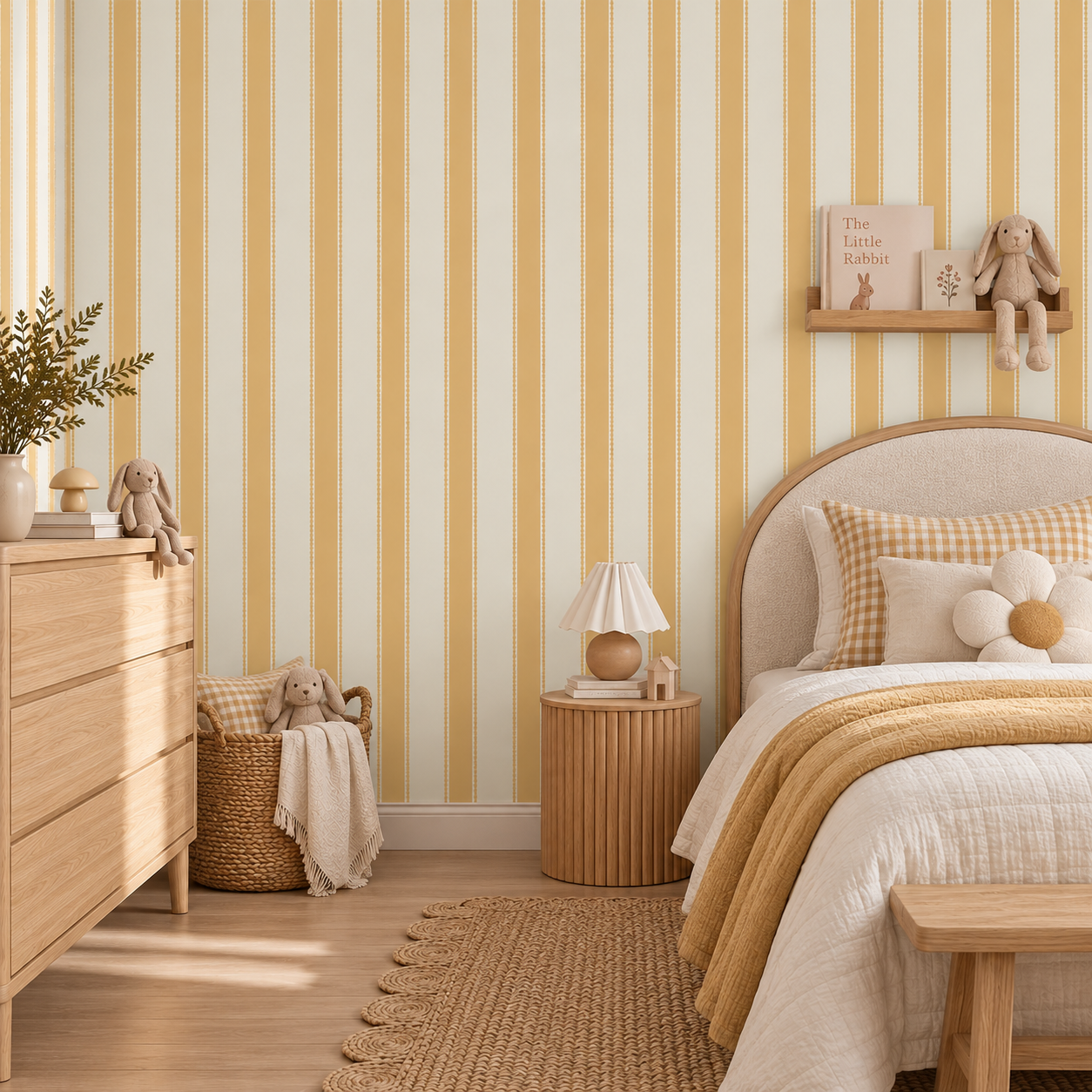 A styled children's bedroom featuring vertical yellow and cream stripes on the wall, with a light wood dresser, woven basket, ribbed nightstand, and a bed with cream bedding and a mustard throw blanket.