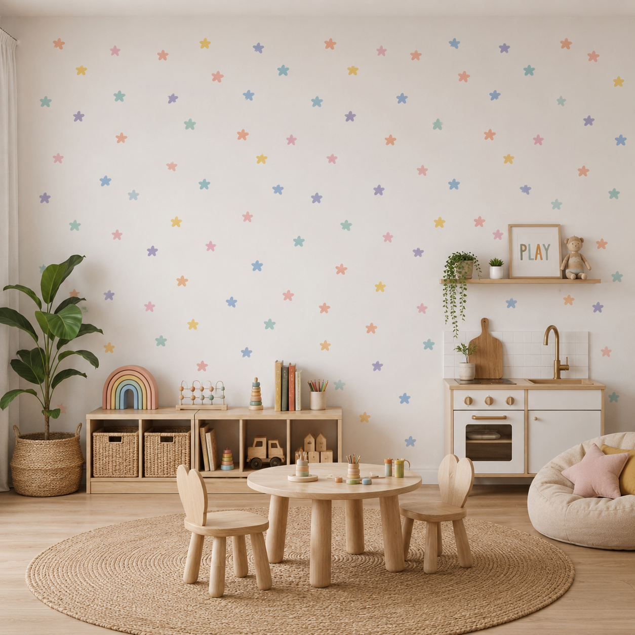 A styled children's playroom corner with a white wall covered in small scattered pastel star decals. The room includes a light wood round table and two matching chairs on a round jute rug, a small wooden cabinet with toys, a potted plant, a shelf with books and decor, and a cream beanbag chair with pillows.