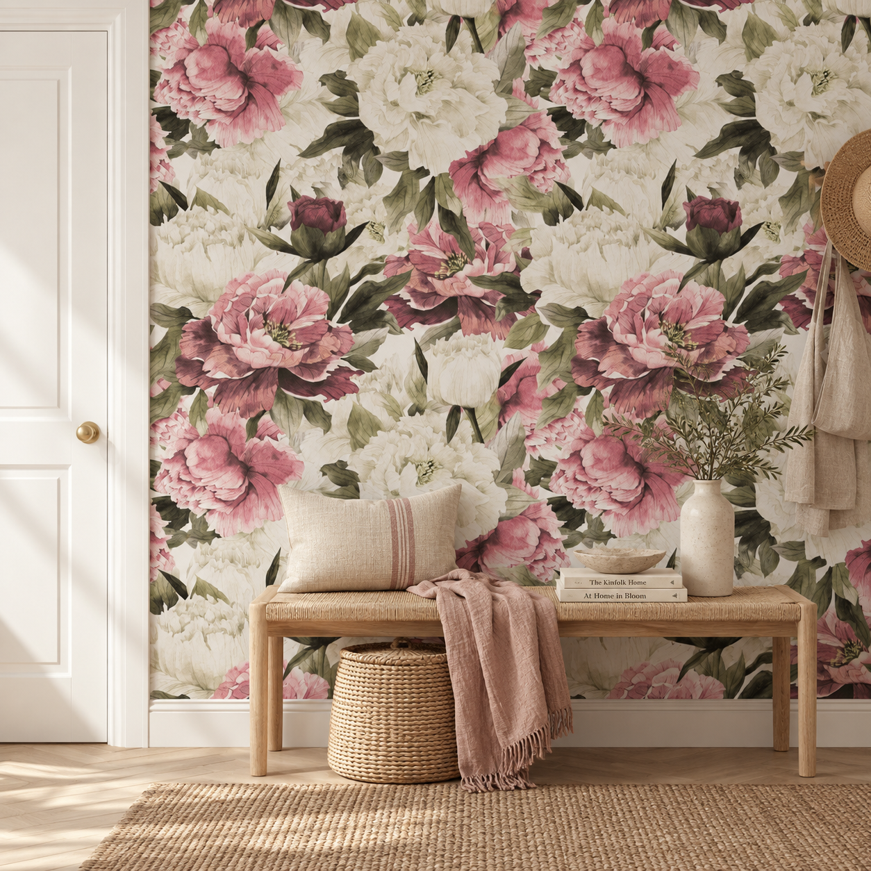 A styled interior corner featuring a wall covered in a large floral wallpaper pattern with pink peonies and green leaves on a cream background. A light wood bench sits against the wall with a cream pillow, a pink throw blanket, a woven basket, books, and a ceramic vase with greenery.