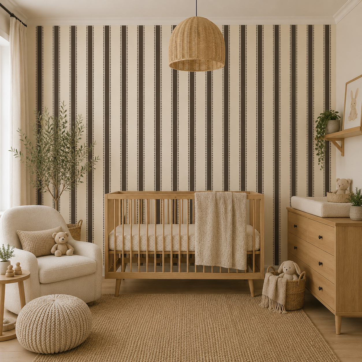 A styled nursery interior featuring a wooden crib with a cream blanket, a white armchair with a teddy bear, a wooden dresser, and a prominent wall covered in vertical dark brown and beige stripes. A woven pendant light hangs above, and a textured beige rug covers the floor.