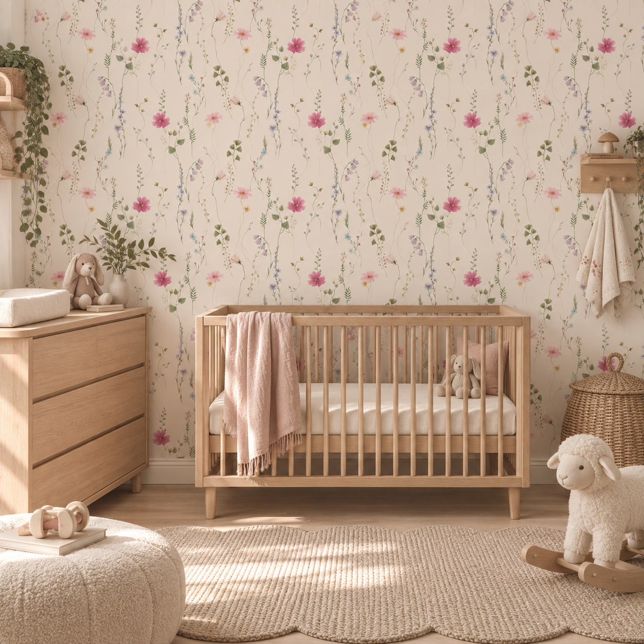 A styled nursery interior featuring floral wallpaper with pink and blue wildflowers on a cream background, a light wood crib with a pale pink blanket, a wooden dresser, a woven rug, and a white plush toy on a wooden floor.