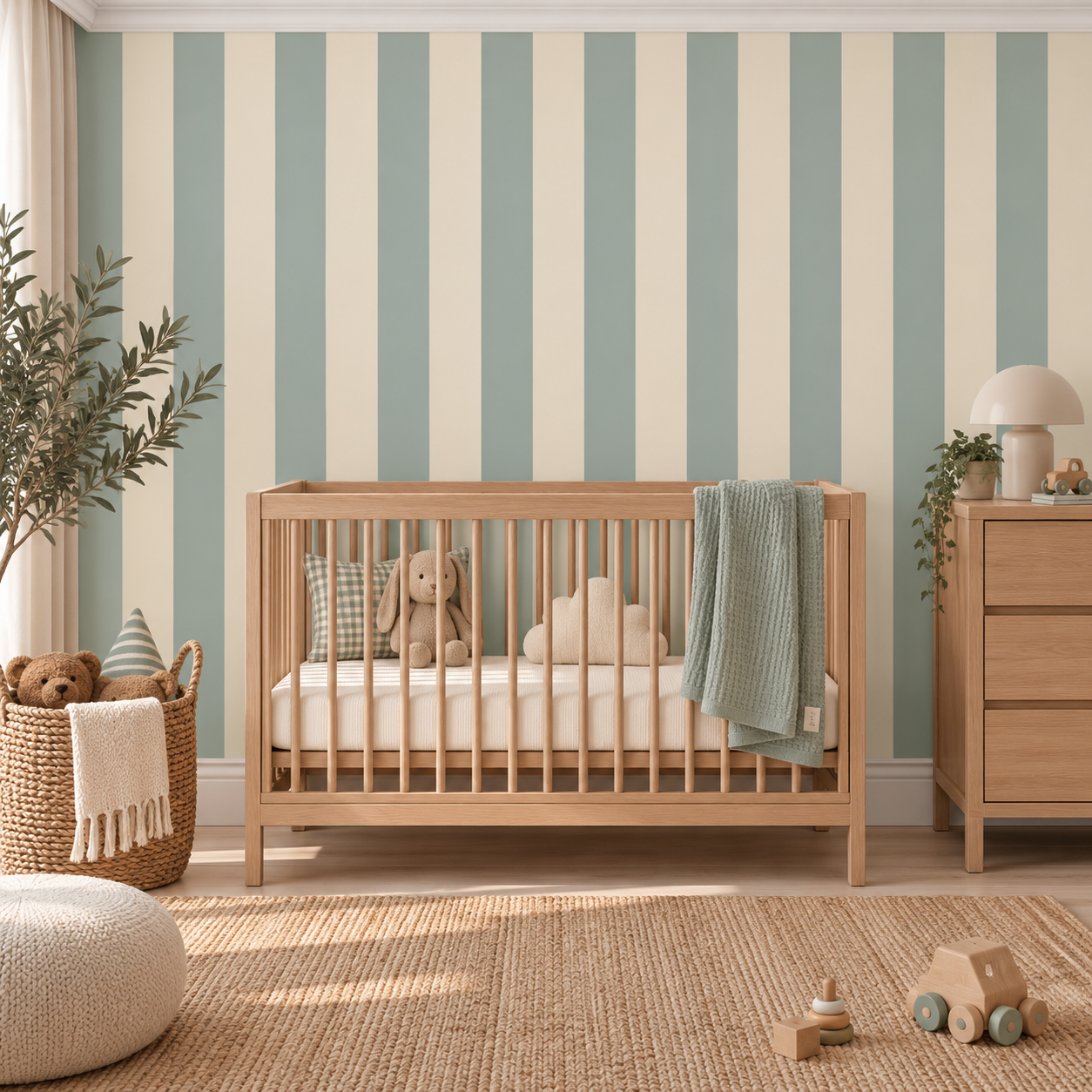 A styled nursery room featuring a light wood crib with a blue striped wallpaper background, a wooden dresser, a wicker basket with toys, and a beige pouf on a woven rug.