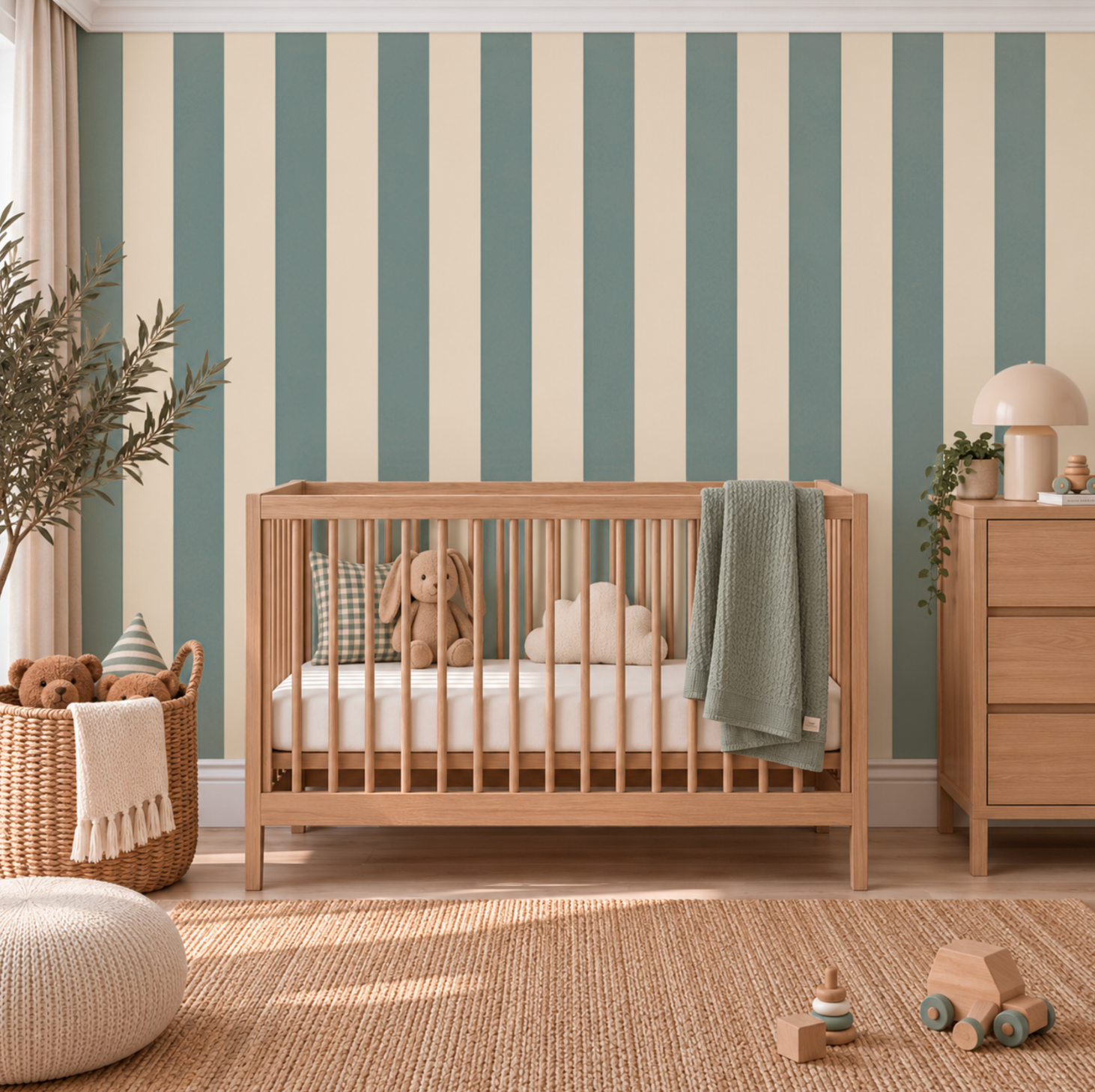 A styled nursery room featuring a light wood crib with a sage green throw blanket, set against a wall with vertical teal and cream stripes. The room is decorated with a woven rug, a wooden dresser, a basket of toys, and a potted plant.