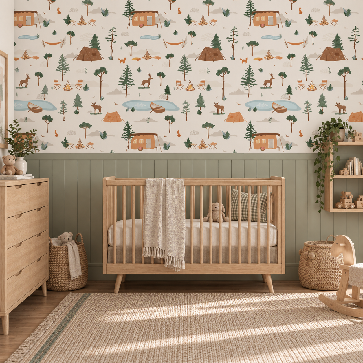 A styled nursery room featuring a woodland camping-themed wallpaper on the upper wall. The wallpaper has a cream background with illustrations of pine trees, campfires, tents, cabins, and deer in earthy brown, green, and blue tones.