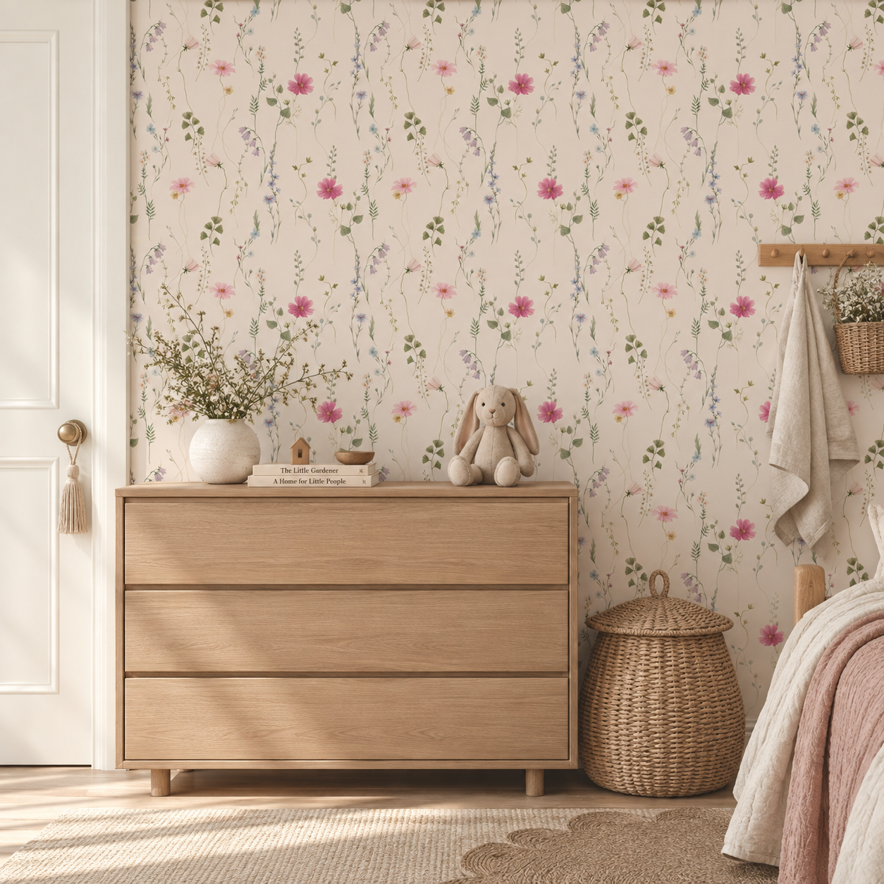 A styled nursery room featuring floral wallpaper with pink and green wildflowers on a cream background. In the foreground, a light oak three-drawer dresser is decorated with a white vase of dried grass, a book, and a plush bunny.
