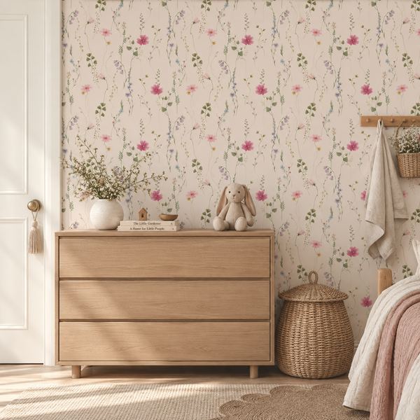 A styled nursery room featuring floral wallpaper with pink and green wildflowers on a cream background. In the foreground, a light oak three-drawer dresser is decorated with a white vase of dried grass, a book, and a plush bunny.