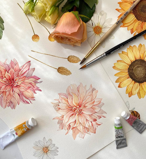 Artistic depiction of flowers and painting tools on a white surface