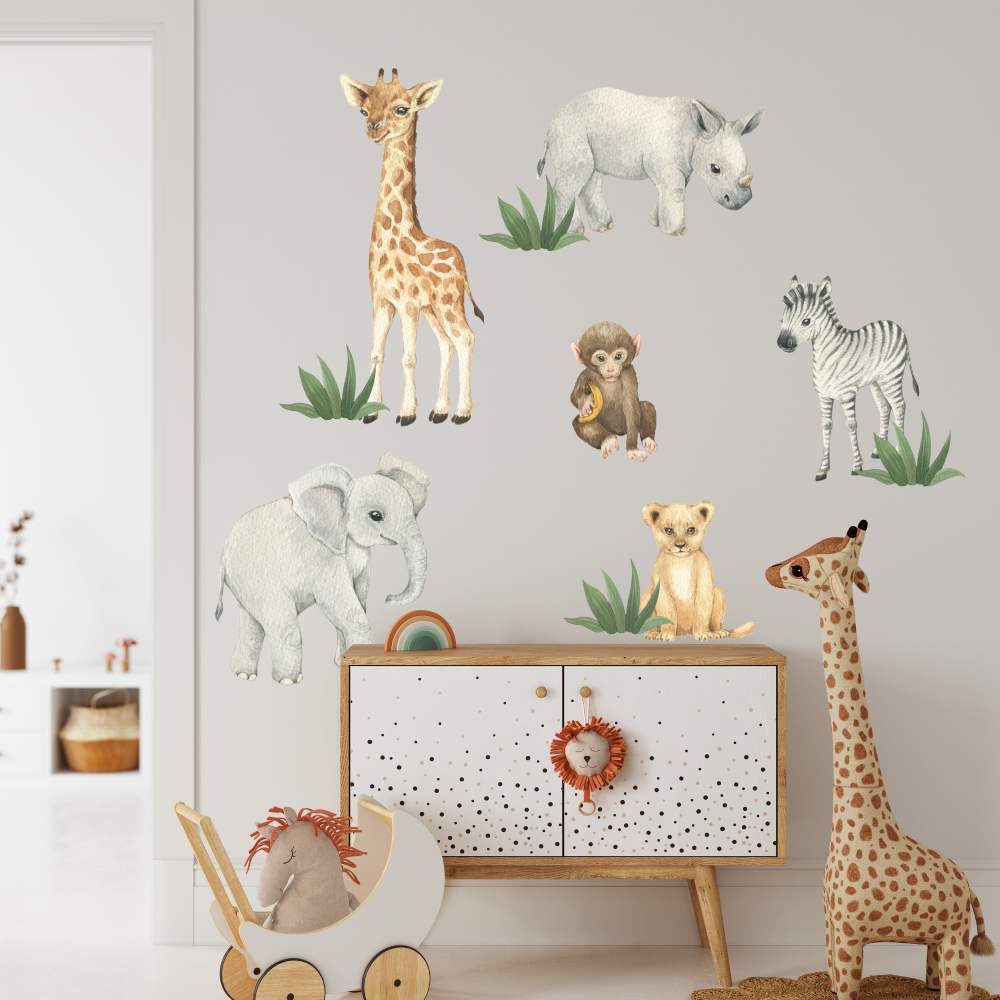 Children's room with baby safari animal wall decals and furniture
