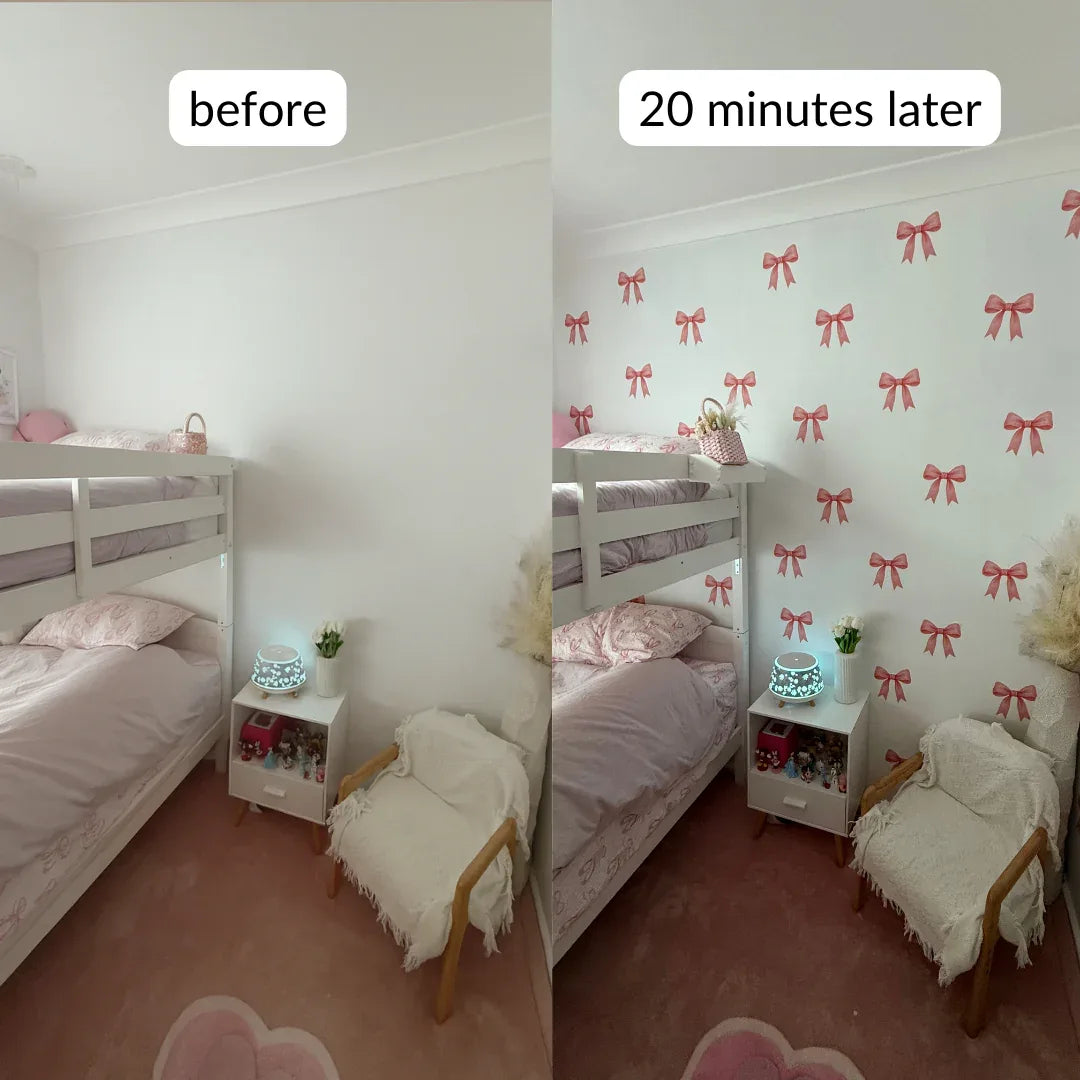 Before and after comparison of a bedroom with wall decals.