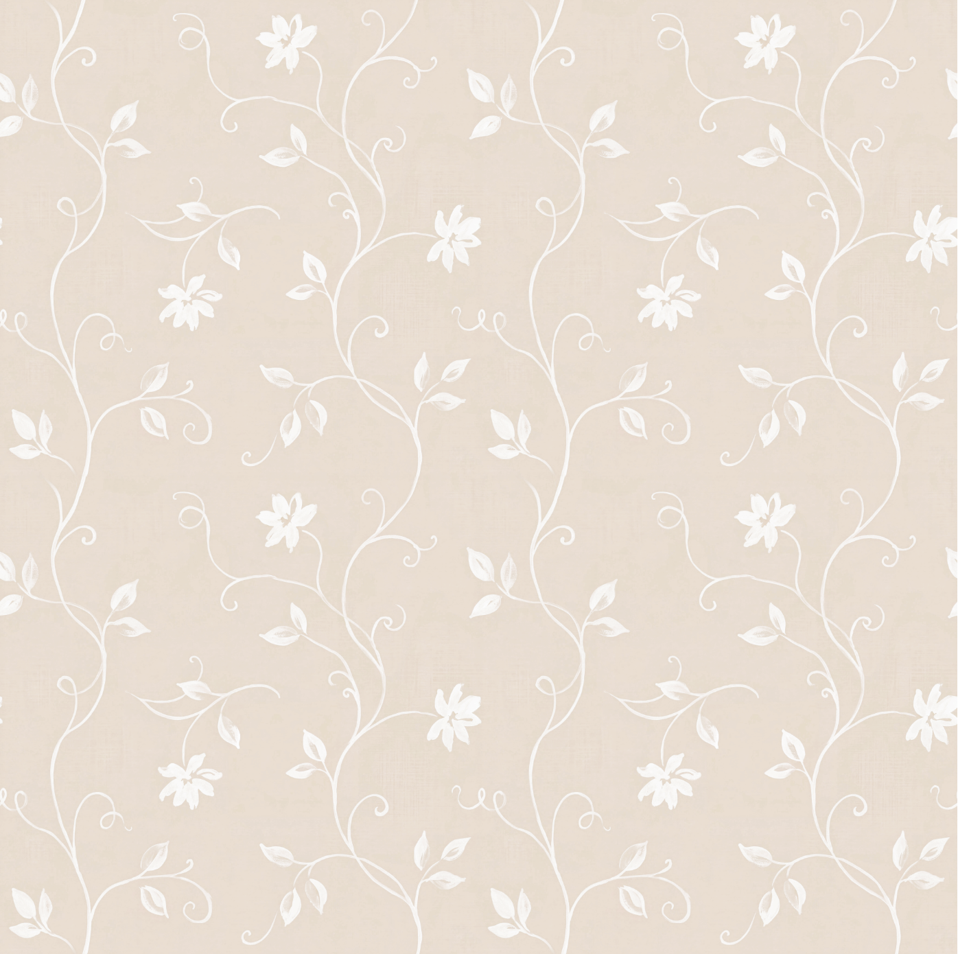 Beige wallpaper with a repeating white floral vine pattern.