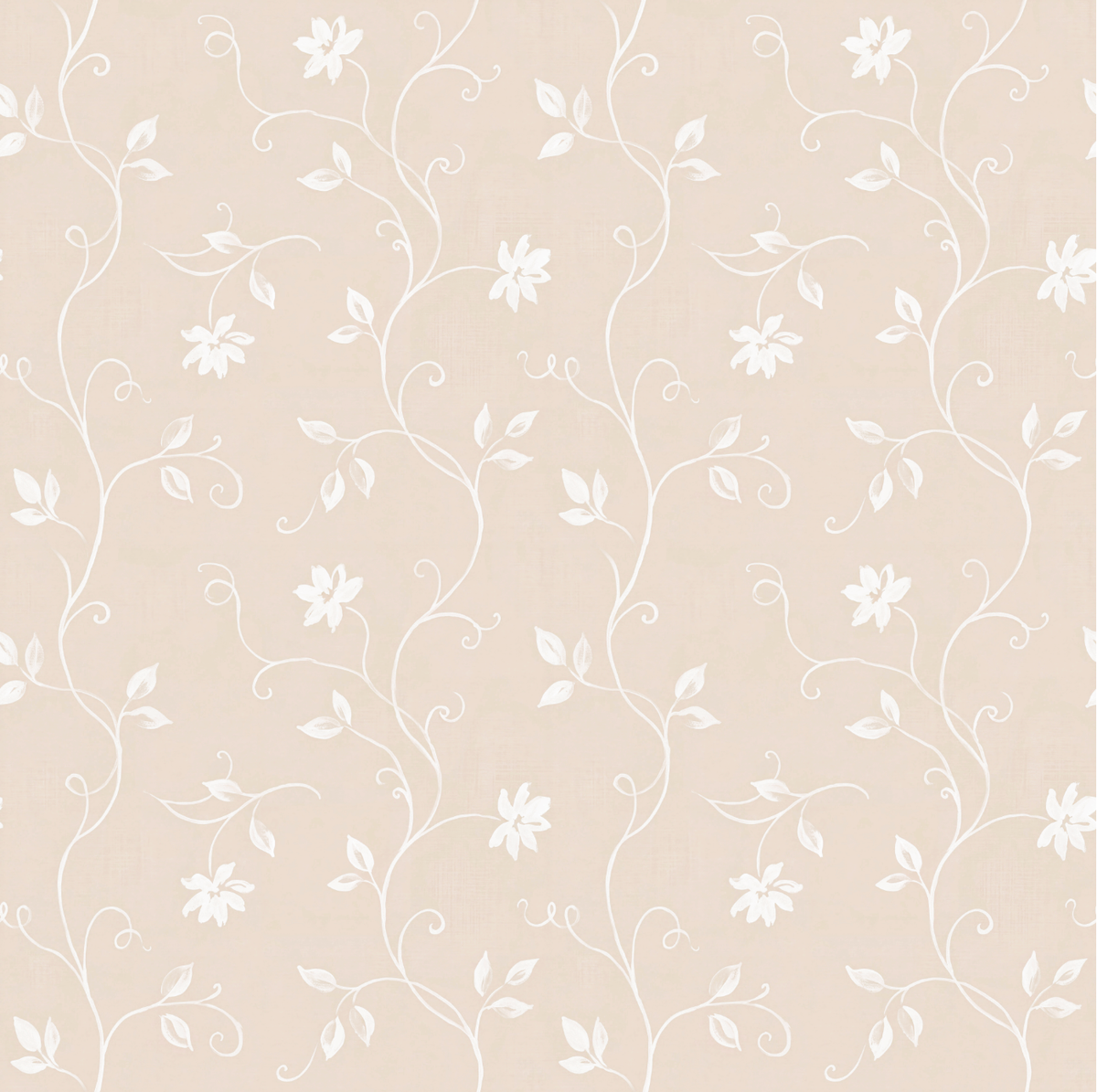 Beige wallpaper with a repeating white floral vine pattern.