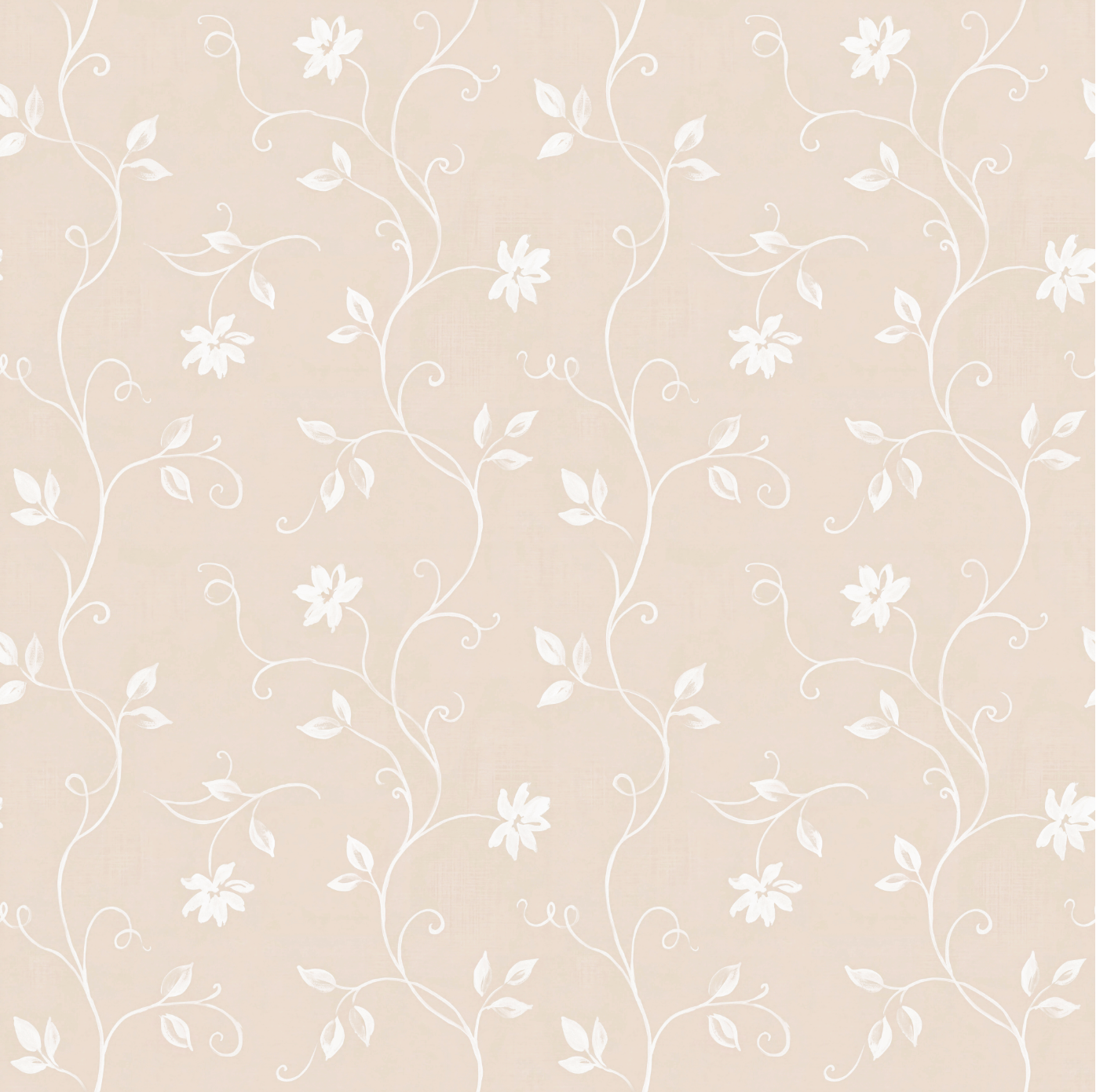 Beige wallpaper with a repeating white floral vine pattern.