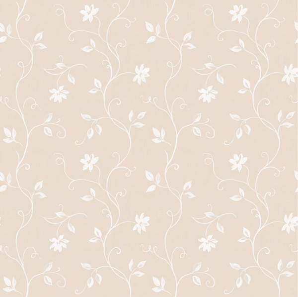 Beige wallpaper with a repeating white floral vine pattern.