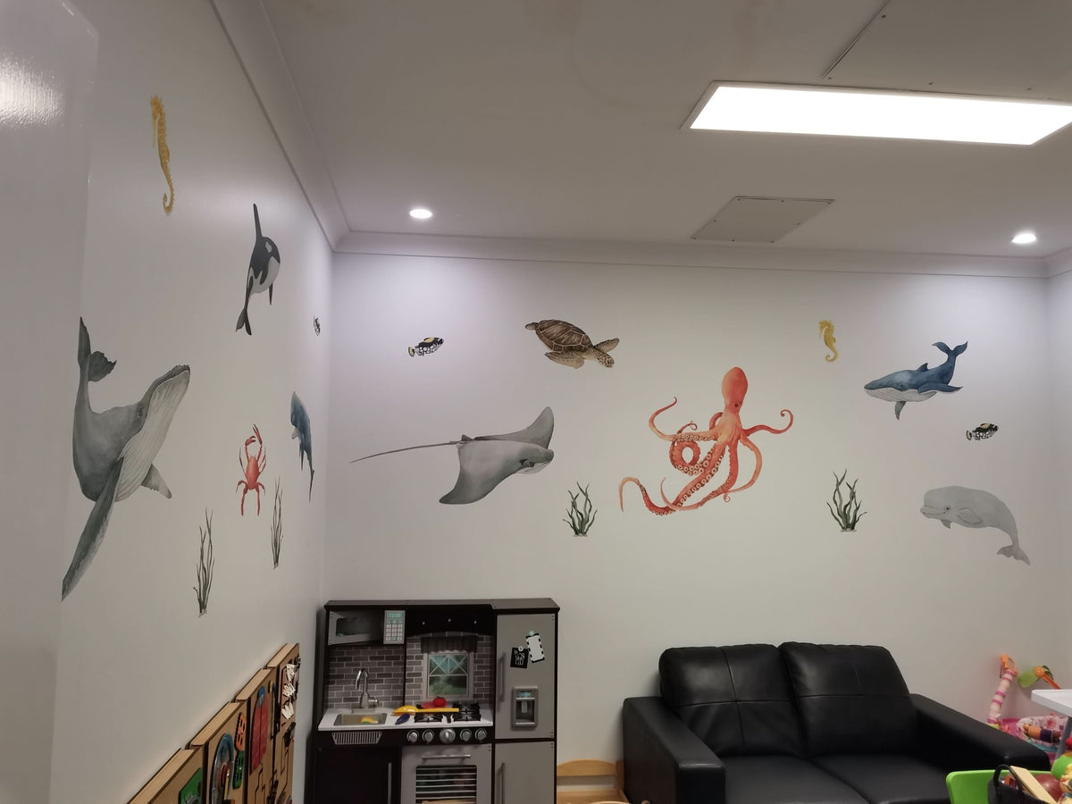 Customer photo of ocean animal decals in a playroom