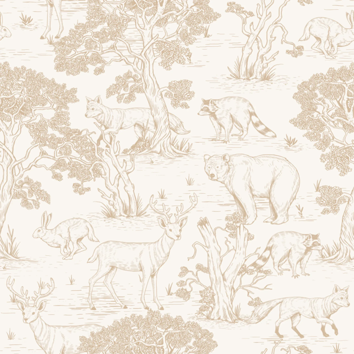 Close-up of Cedar Woodland wallpaper showing beige toile bears, deer and raccoons