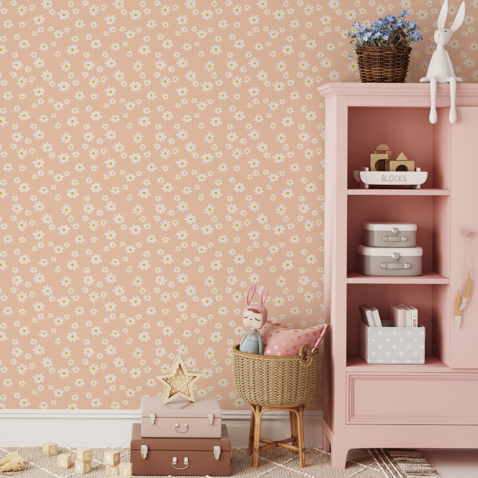 Clara Farmhouse Floral Daisy Pink Wallpaper