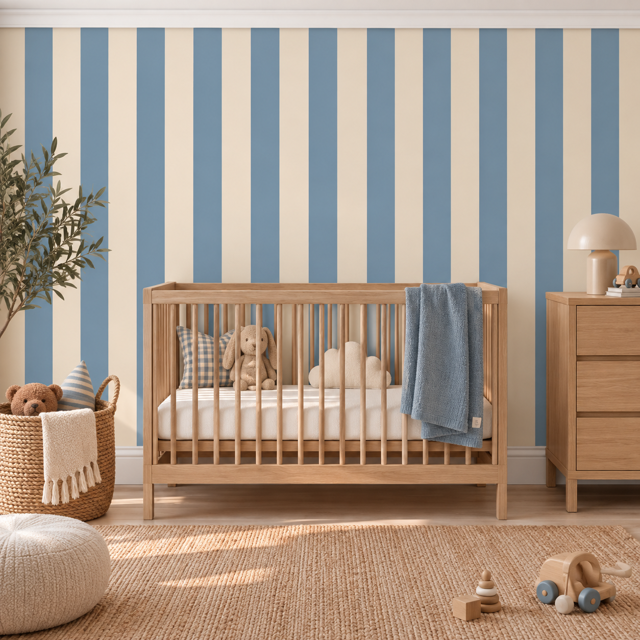 A styled nursery room featuring a light wood crib against a blue and cream striped wallpaper background, with a wooden dresser, a woven basket with toys, and a natural jute rug on the floor.