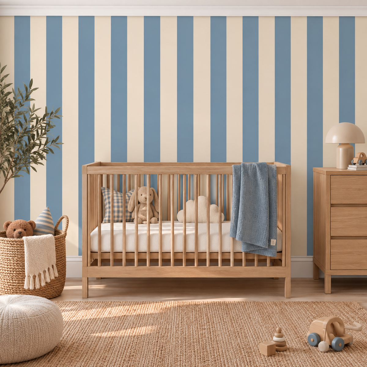 A styled nursery room featuring a light wood crib against a blue and cream striped wallpaper background, with a wooden dresser, a woven basket with toys, and a natural jute rug on the floor.