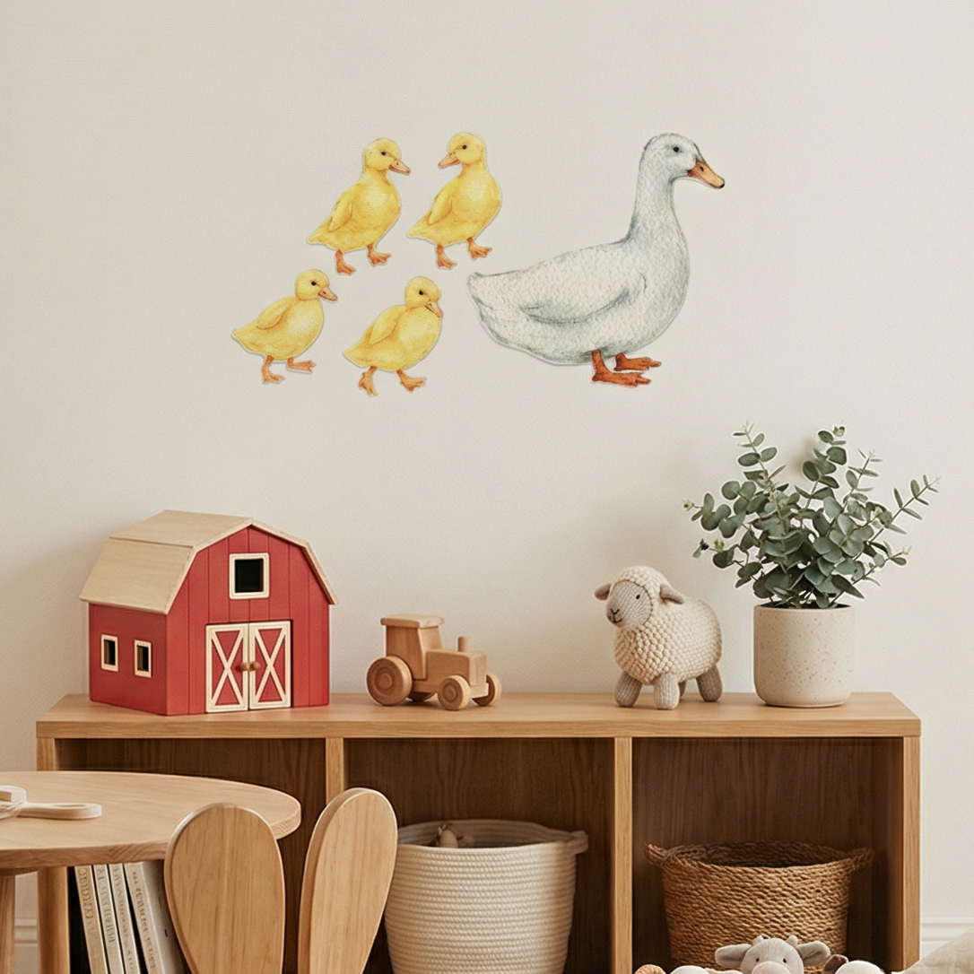 Children's playroom with wooden furniture, toys, and wall decals of ducks and a barn.