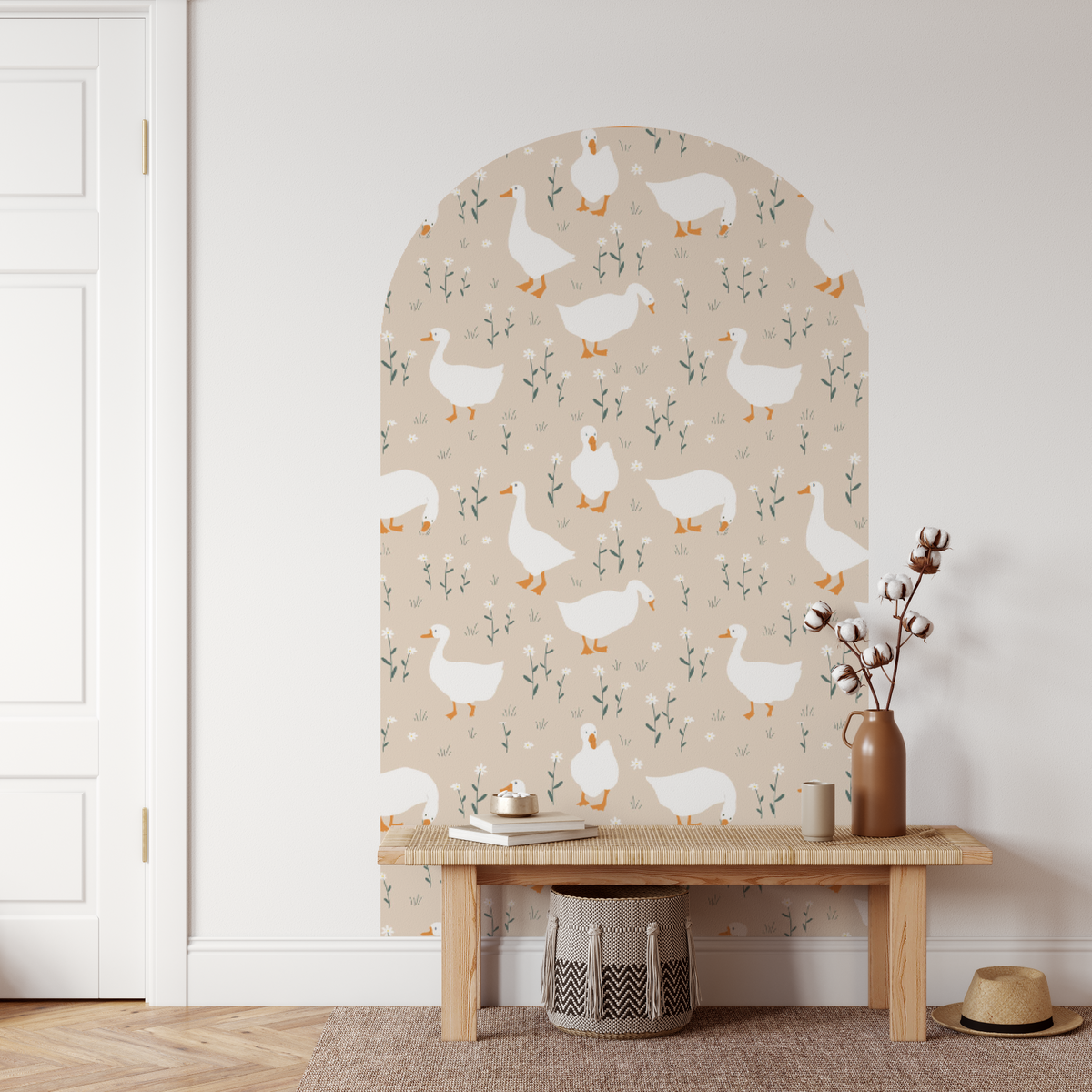 Claudette geese arch decal in beige above a timber bench