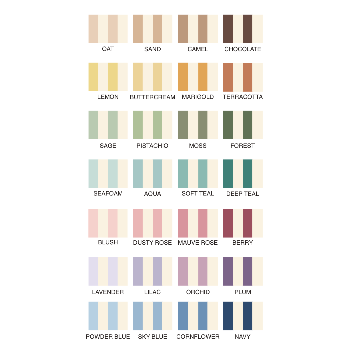 Color swatch chart with various color names and their corresponding shades.