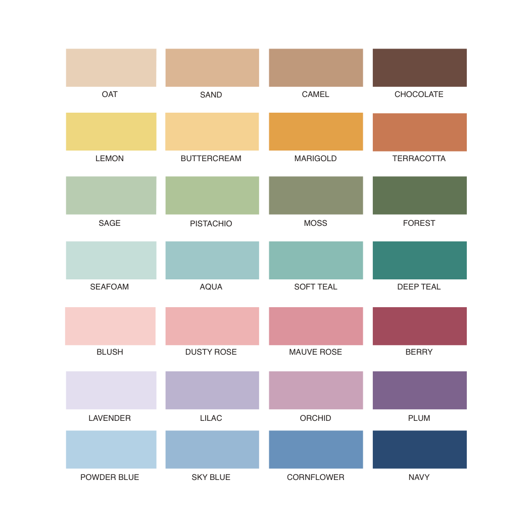 Color swatch chart with various color names on a white background