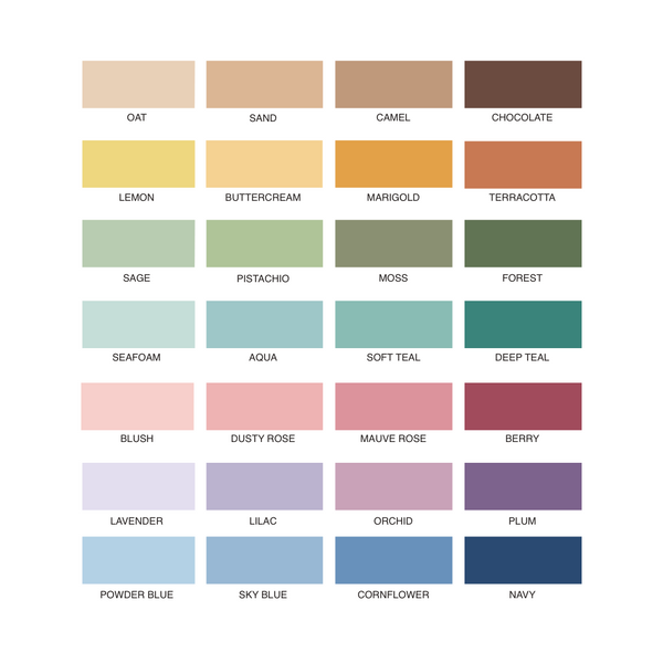 Color swatch chart with various color names on a white background