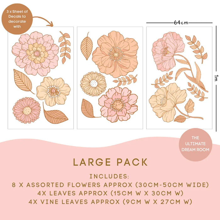 Allie Large Pack: 8 flowers 30 to 50cm wide, 4 leaves and 4 vine leaves — Allie Boho Floral Decals
