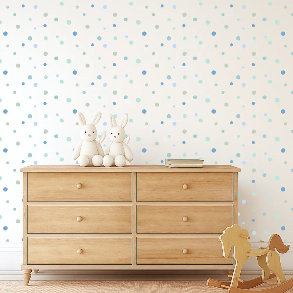 Cool and Calm Blue spot decals above a timber dresser with bunny ornaments