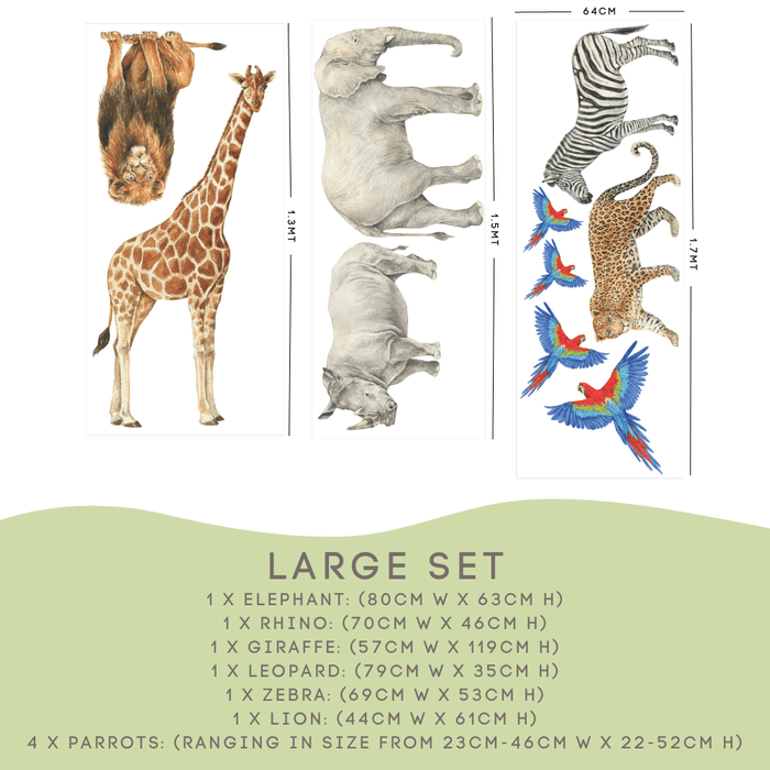 Safari Animals Large Set size guide: elephant 80cm, giraffe 57cm, zebra and 4 parrots — Safari Animals Wall Decals
